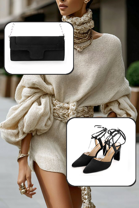 Women's matt black elegant closed-toe heels, with crossed straps. Tapered toe. High comma heels - Top view